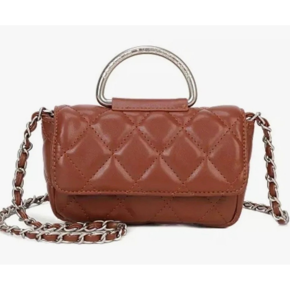 French Connection MELL Quilted Crossbody Bag Mocha Silver Chain Handle